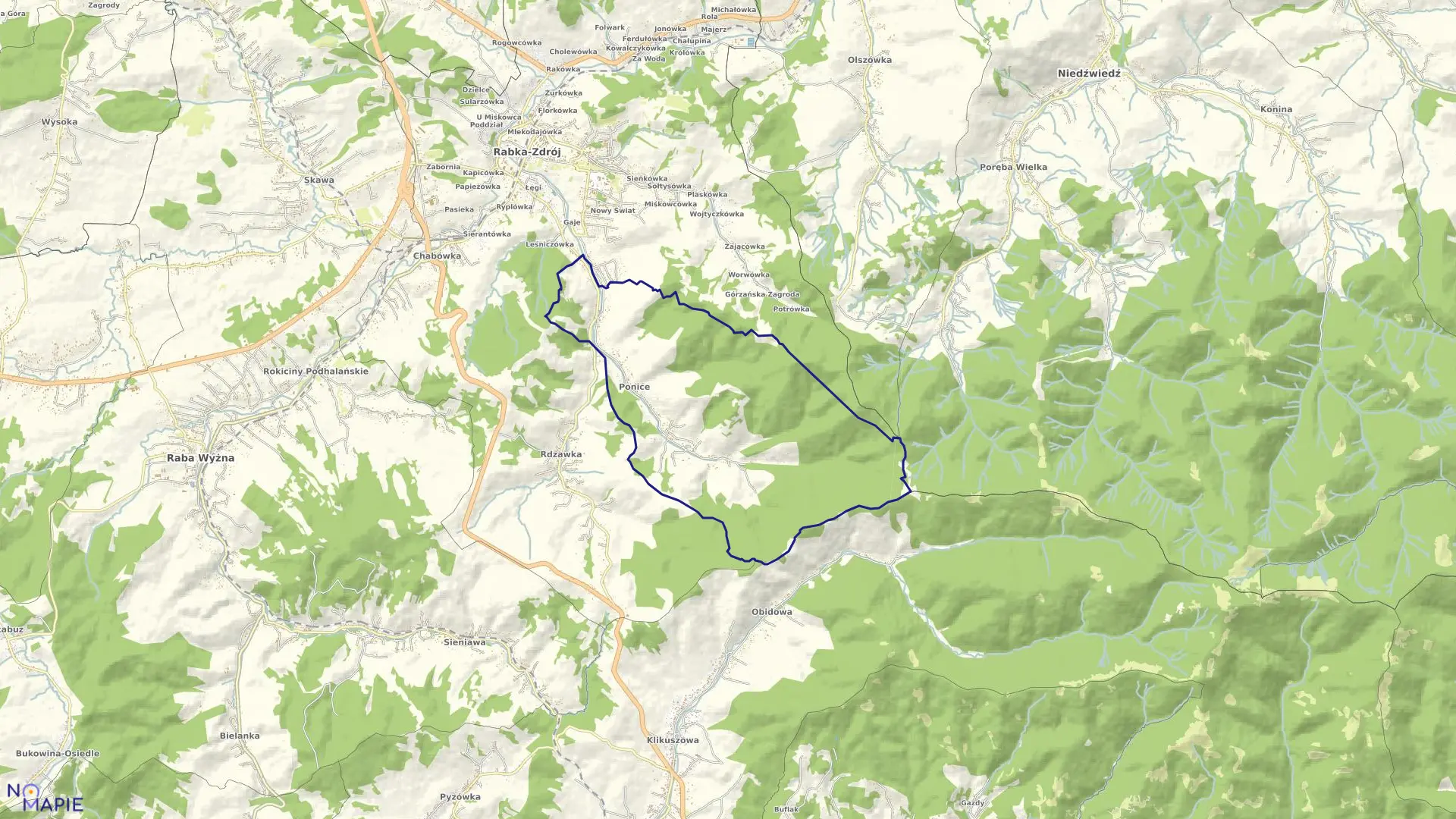 Mapa obrębu Ponice w gminie Rabka Zdrój