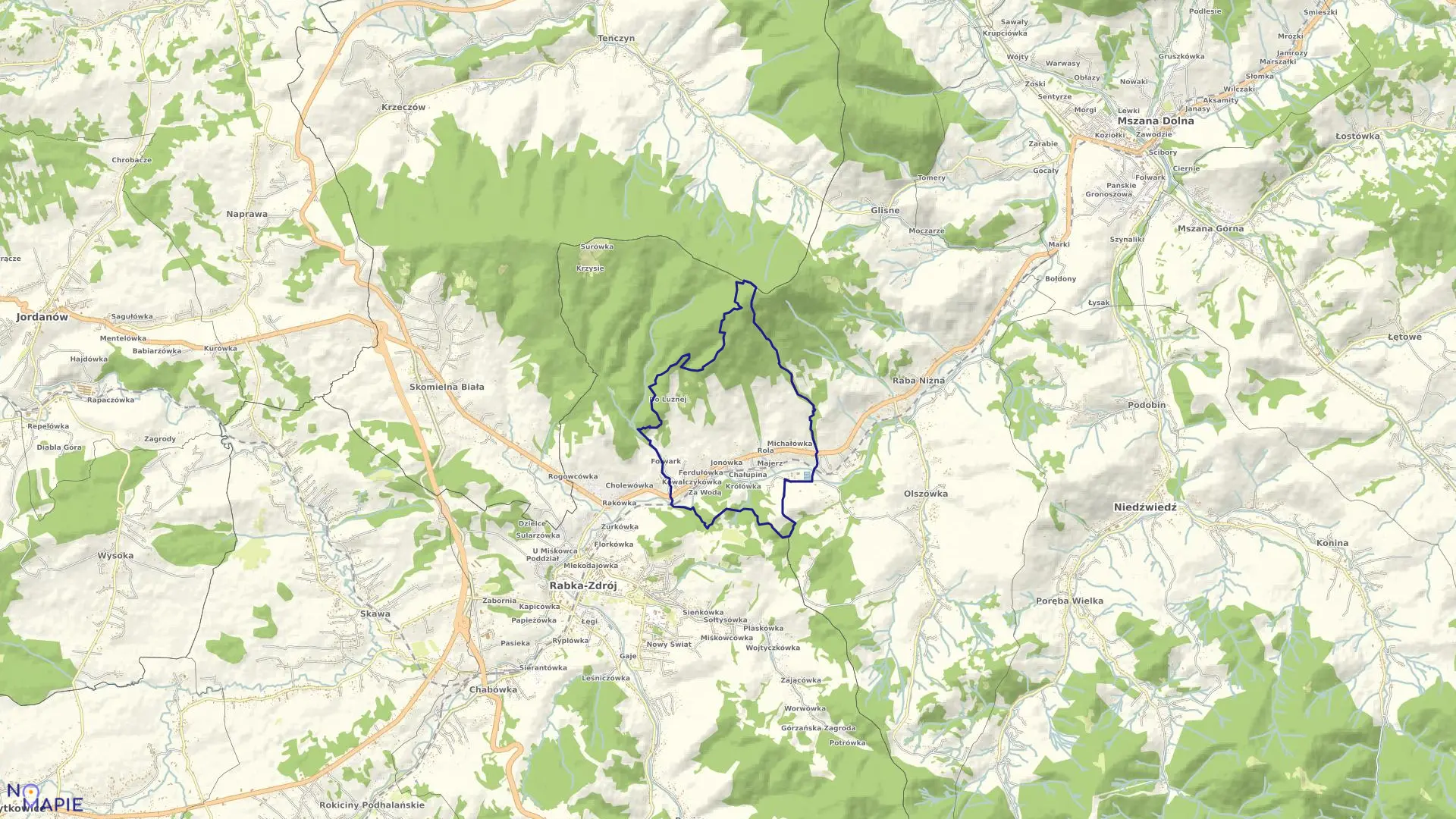 Mapa obrębu Rabka-Zaryte w gminie Rabka Zdrój